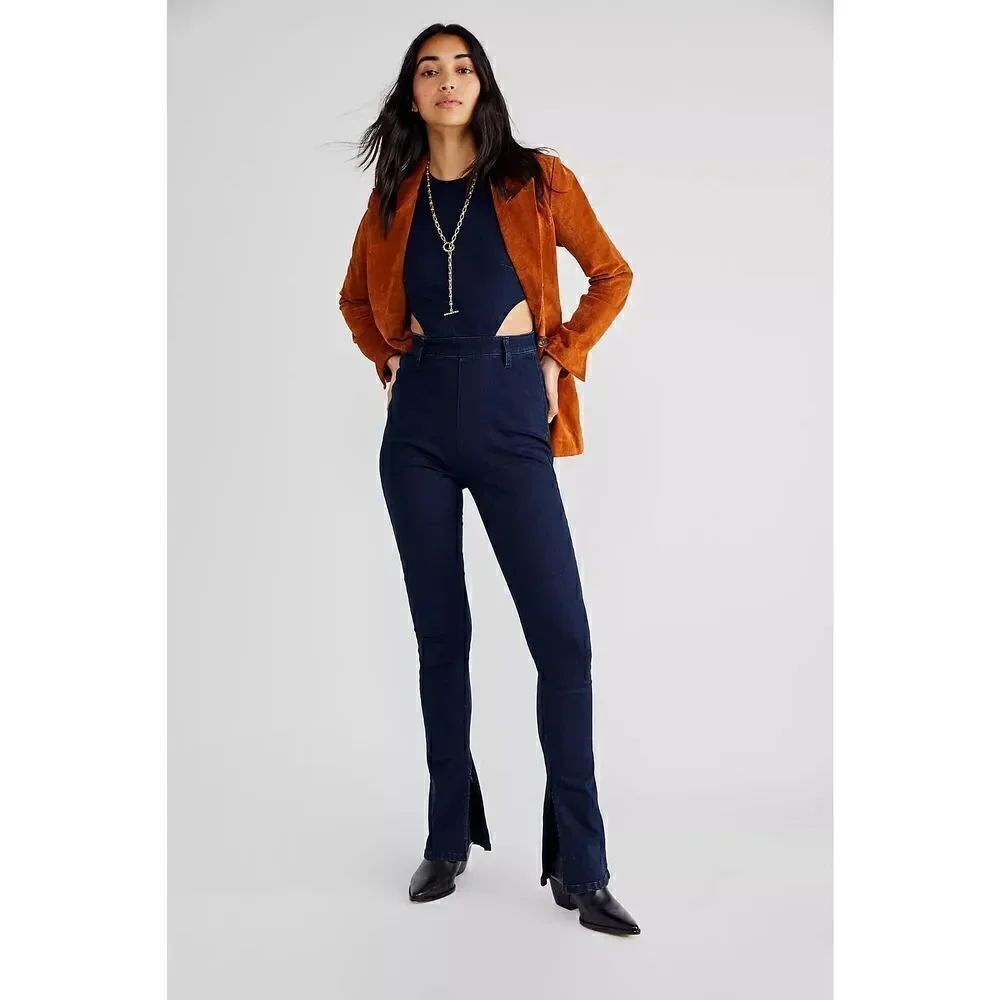 Free people -WEWOREWHAT CUTOUT SLIT STRETCH DENIM JUMPSUIT